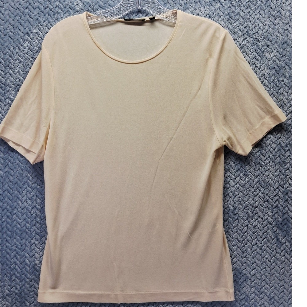 Anne Klein New York 100% Silk Short Sleeve Crew Neck Top Cream Beige Large